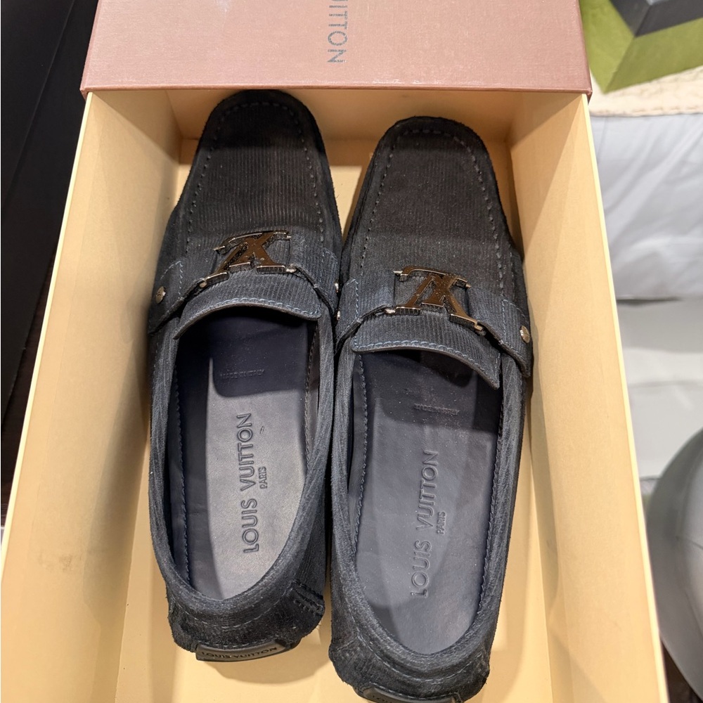 Louis Vuitton Black Corduroy Loafers with Metal LV Logo - Picture 2 of 5